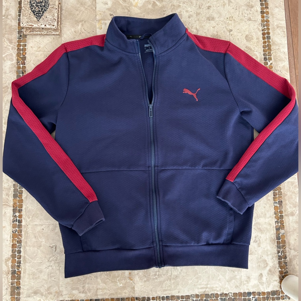 Puma Mens Zip Up Lightweight Athletic Jacket Blue/ Maroon Stripe Down Arm Size L